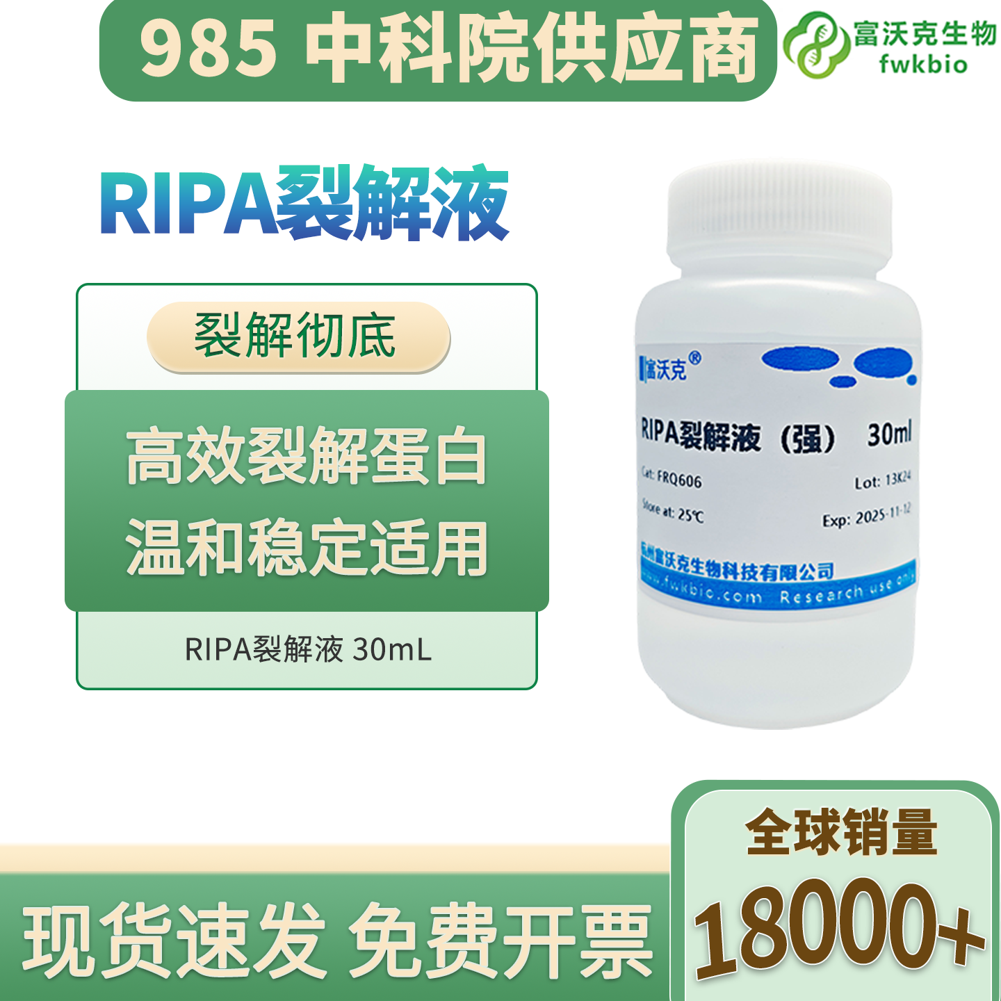 科研级 RIPA 裂解液 组织细胞快速裂解试剂 分子实验 WB 蛋白提取溶液